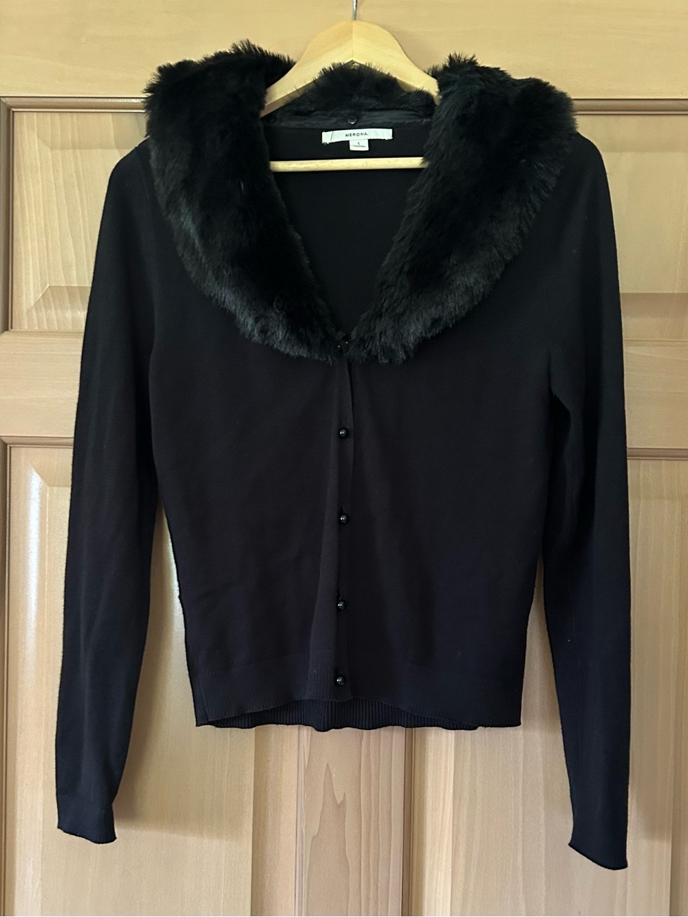 Vintage Merona Black Cardigan with Detachable Faux Fur Collar Size S Y2K